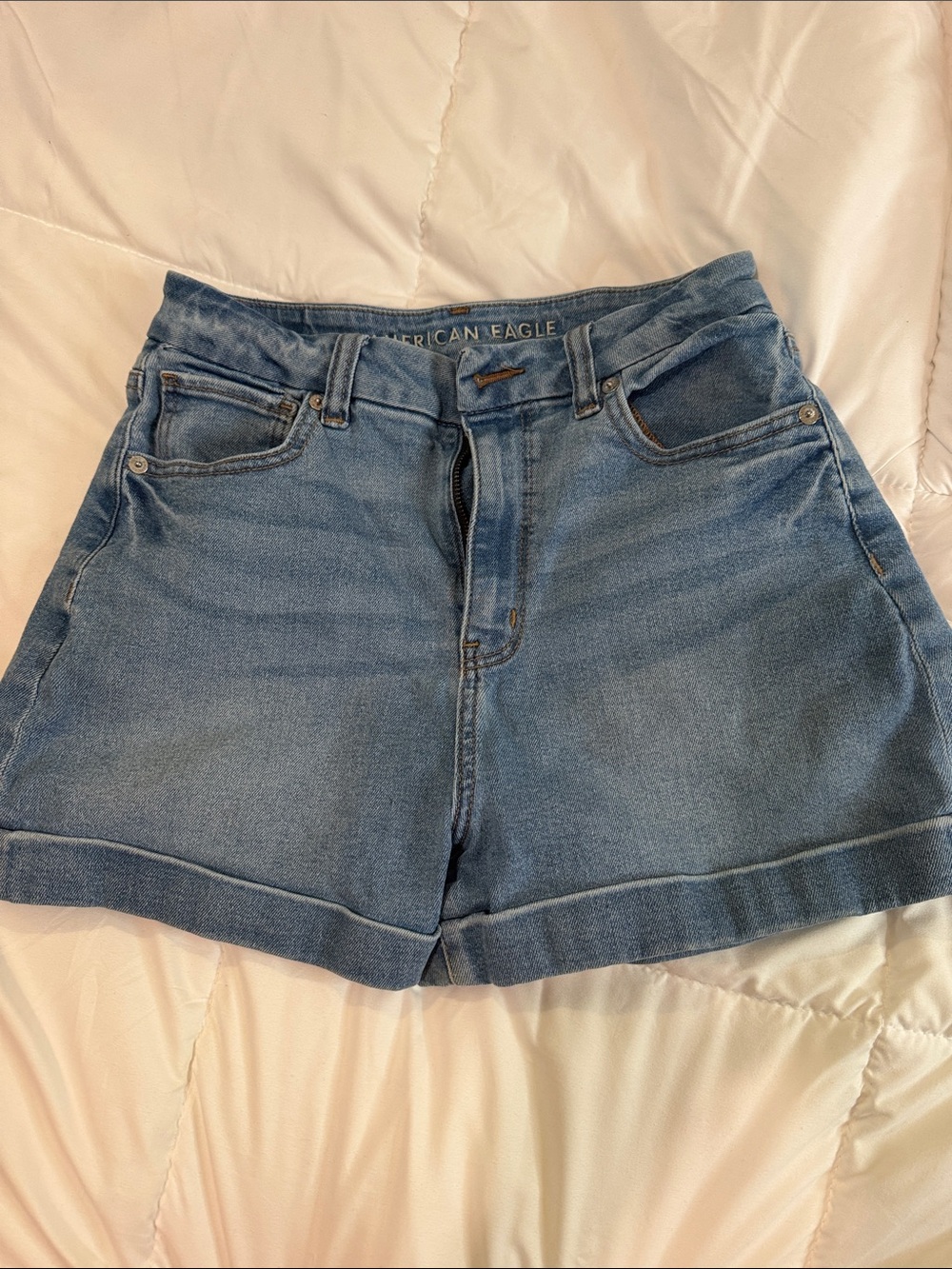 American Eagle Outfitters Curvy Mom Light Wash High-Rise Rolled Hem Jean Shorts